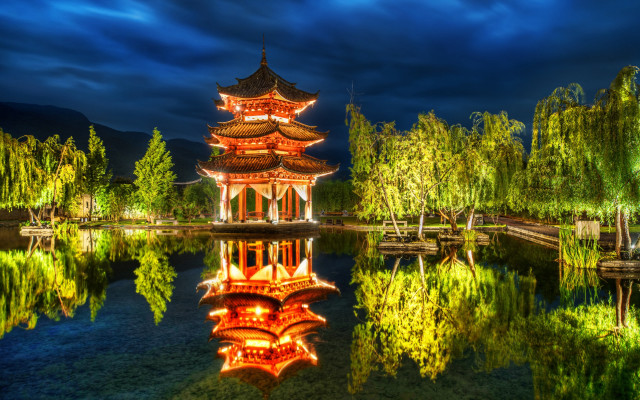 Pagoda night sky pond trees free wallpaper for desktop - medium preview image