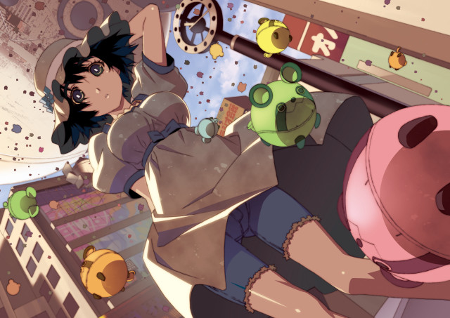 Cartoon character holding pig city free wallpaper for desktop - medium preview image