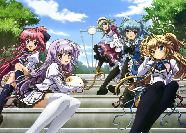 Anime girls sitting steps cat free wallpaper for desktop - medium preview image