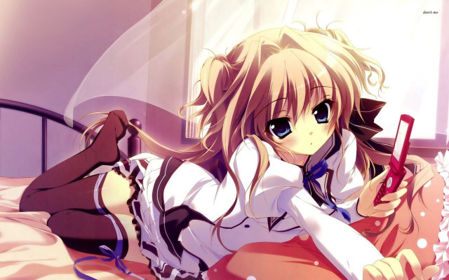 Girl laying bed cellphone pink free wallpaper for desktop - medium preview image