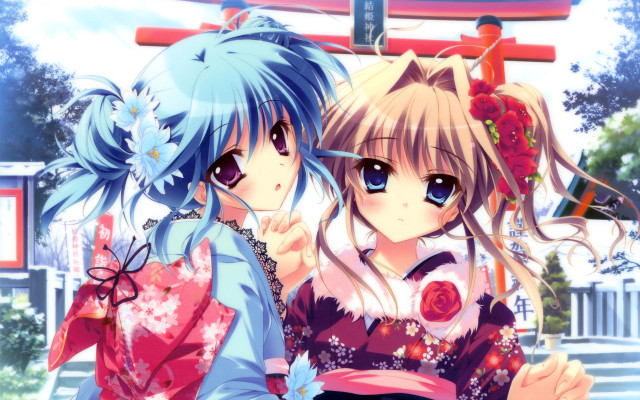 Anime girls building red rose free wallpaper for desktop - medium preview image