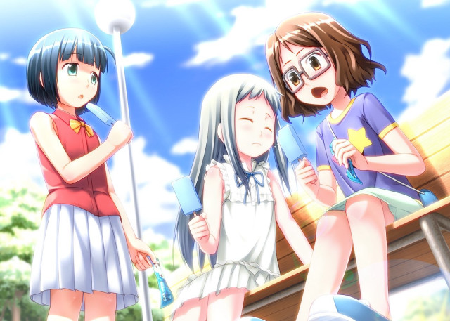 Three girls bench sky clouds free wallpaper for desktop - medium preview image