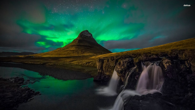 Waterfall green aurora light mountain free wallpaper for desktop - medium preview image