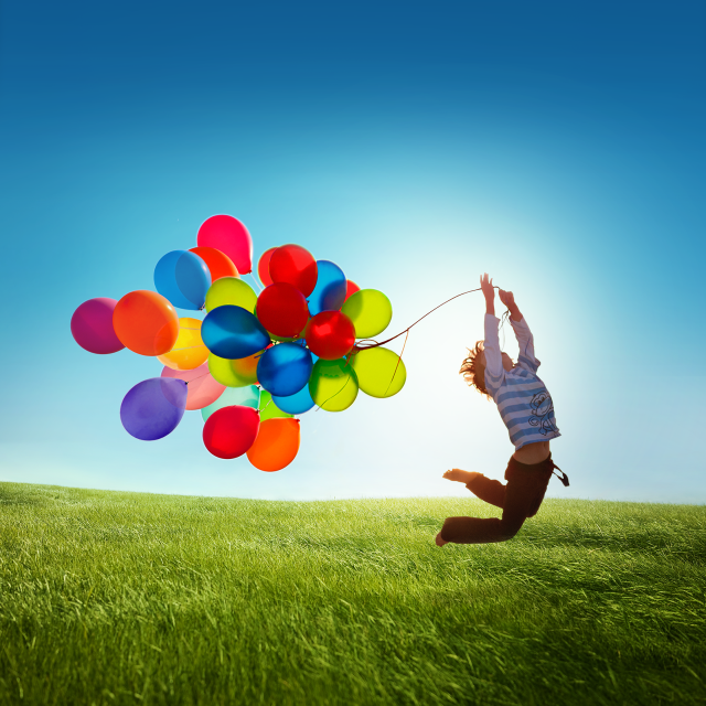 Person jumping balloons blue sky free wallpaper for tablet - medium preview image