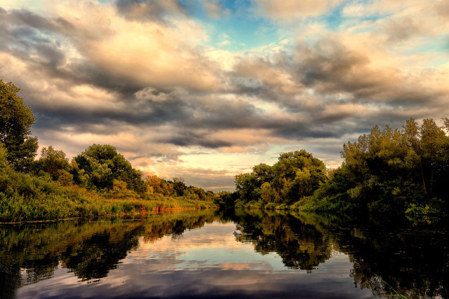 River trees clouds sky above free wallpaper for desktop - medium preview image