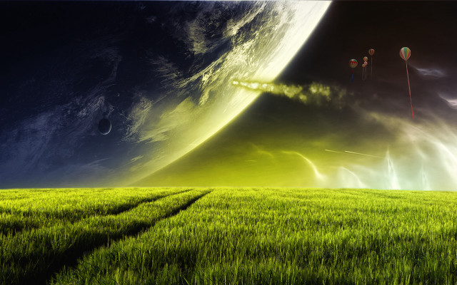 Green field sky distant planet free wallpaper for desktop - medium preview image