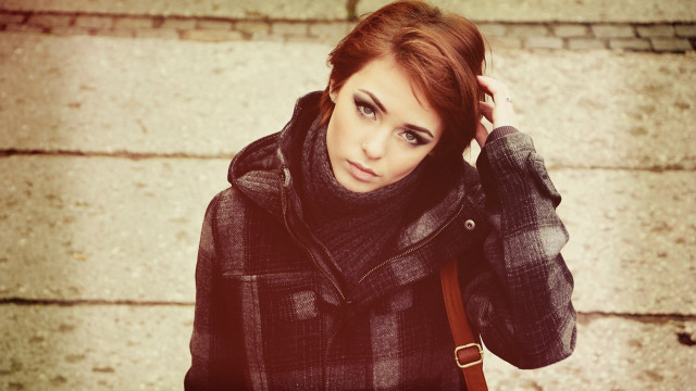 Woman coat serious look hands free wallpaper for desktop - medium preview image