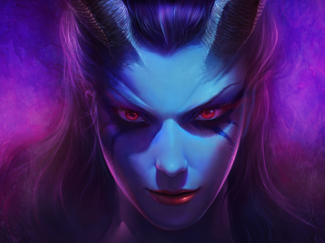 Horned demon woman purple glow free wallpaper for desktop - medium preview image