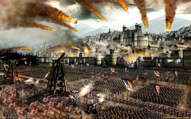 Battle scene castle flames people free wallpaper for desktop - medium preview image