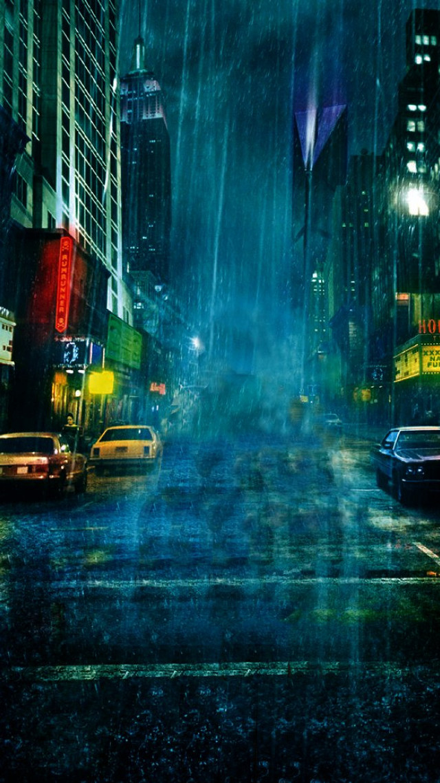 City street rain night neon free wallpaper for mobile - medium preview image