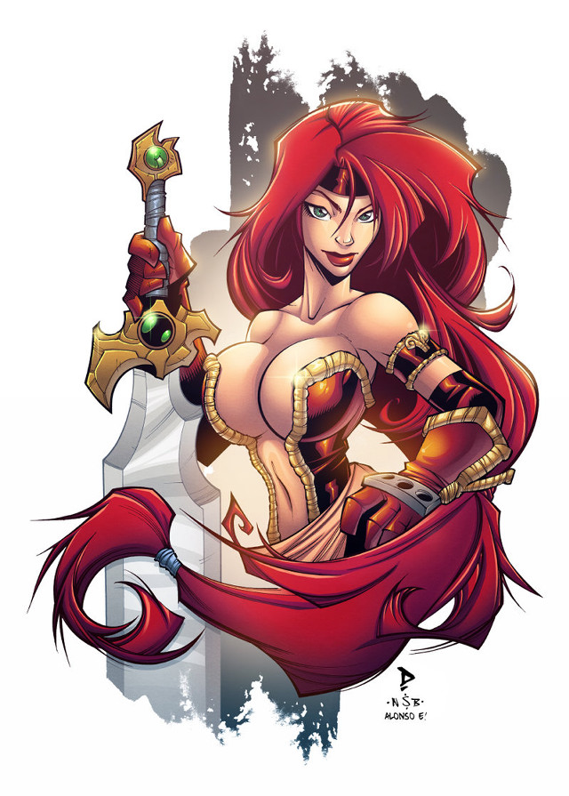 Cartoon woman red hair sword free wallpaper for mobile - medium preview image