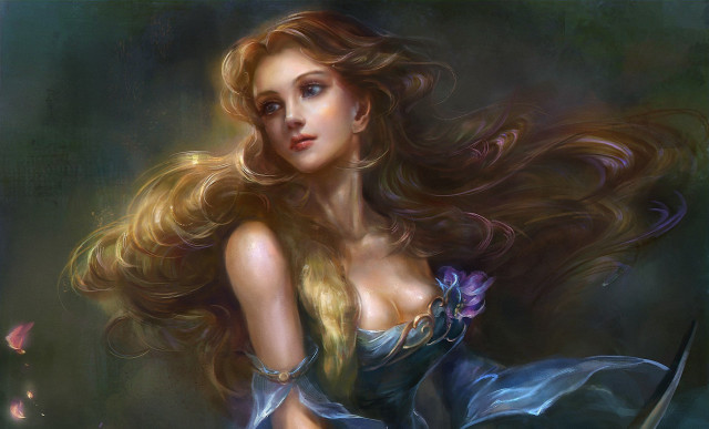 Woman long hair sword painting free wallpaper for desktop - medium preview image