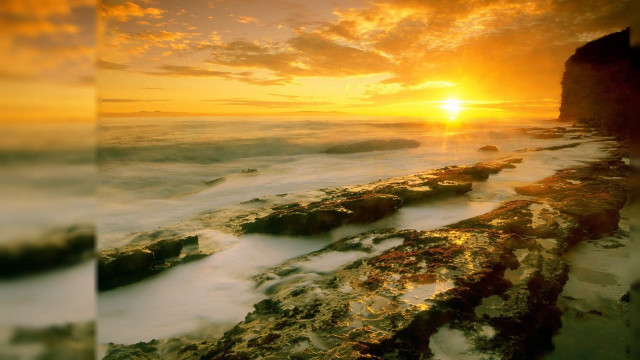 Sunset ocean rocky shore cityscape #2 free wallpaper for desktop - medium preview image