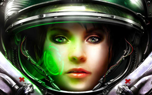 Woman helmet green light face free wallpaper for desktop - medium preview image