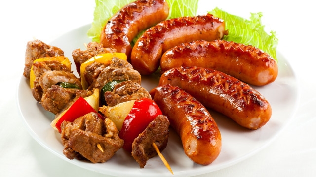 Skewers meat vegetables lettuce tomato free wallpaper for desktop - medium preview image
