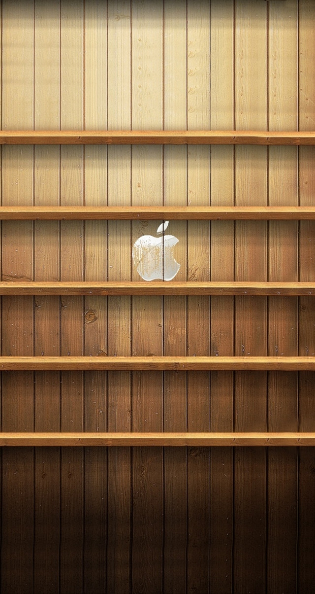 Wooden shelf apple logo minimalist free wallpaper for mobile - medium preview image
