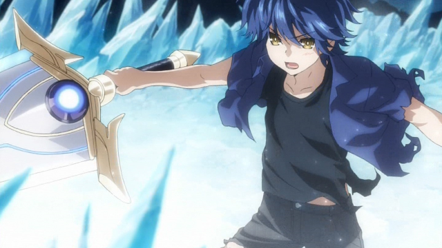 Man blue hair sword ice free wallpaper for desktop - medium preview image