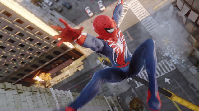 Spider man suit flying city free wallpaper for desktop - medium preview image