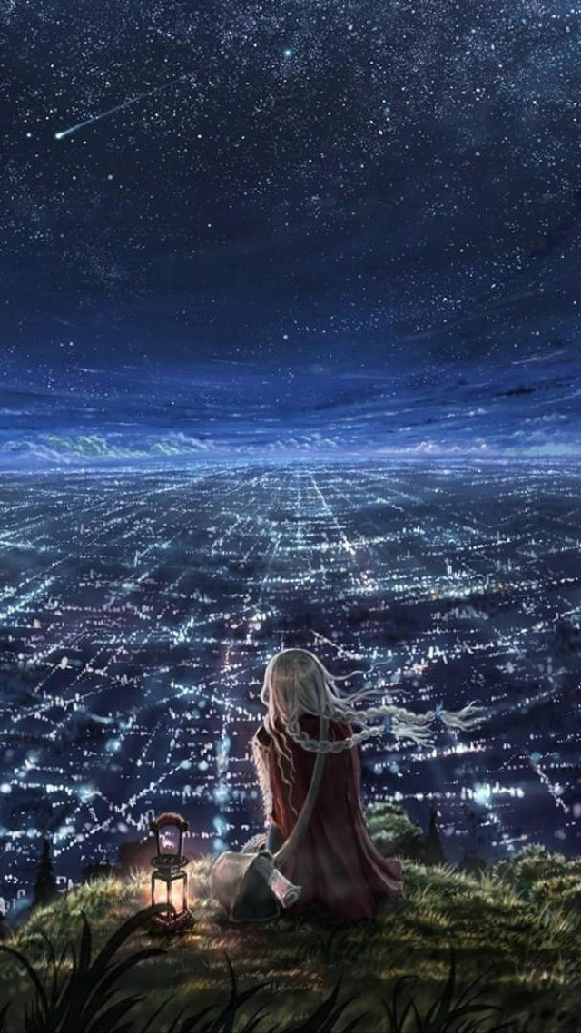Girl hill stars city lights free wallpaper for mobile - medium preview image
