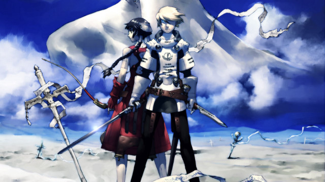 Two people snow swords mountain free wallpaper for desktop - medium preview image
