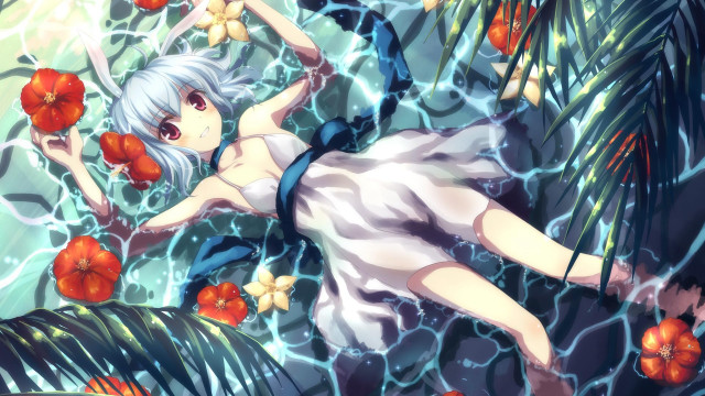 Woman floating pool flowers plants free wallpaper for desktop - medium preview image