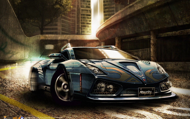 Blue sports car city night free wallpaper for desktop - medium preview image