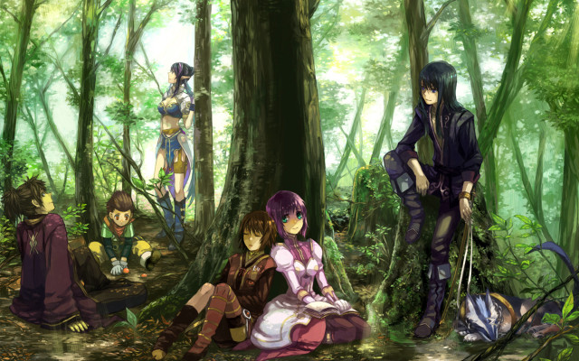 Group people sitting woods together free wallpaper for desktop - medium preview image