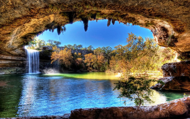 Waterfall cave lake forest scenery free wallpaper for desktop - medium preview image