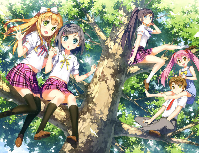 Girls sitting tree forest back free wallpaper for desktop - medium preview image