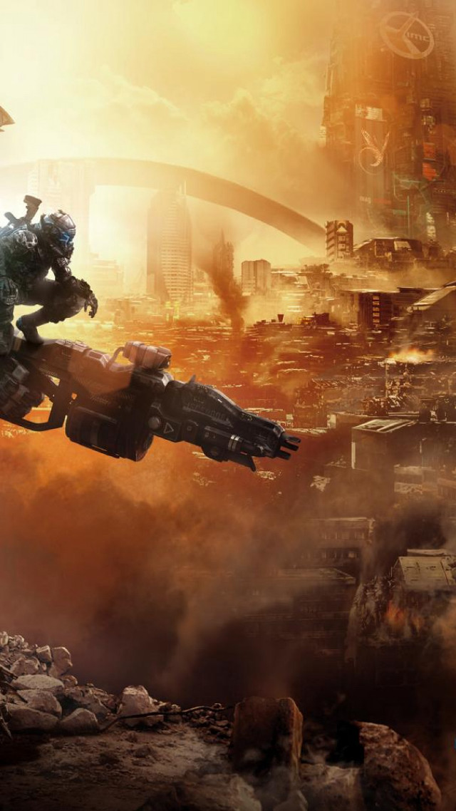 Sci fi character flying city free wallpaper for mobile - medium preview image