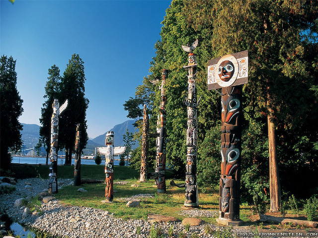 Totem poles park trees lake free wallpaper for desktop - medium preview image