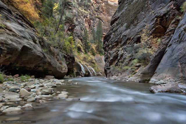River canyon waterfall mountains trees free wallpaper for desktop - medium preview image