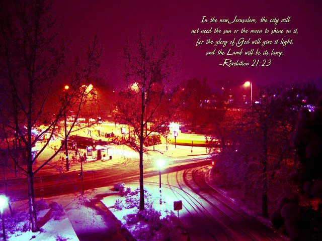 Snowy night lit street bible free wallpaper for desktop - medium preview image