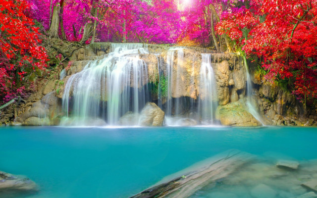 Waterfall blue pool trees flowers free wallpaper for desktop - medium preview image