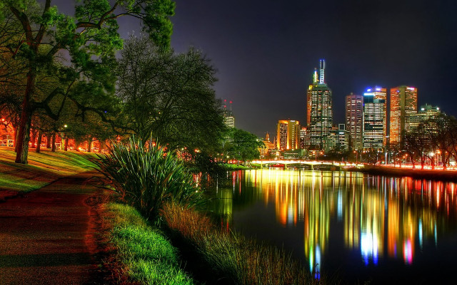 City skyline night lake trees #2 free wallpaper for desktop - medium preview image