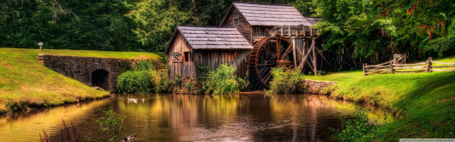 Water mill wooden building river free wallpaper for desktop - medium preview image