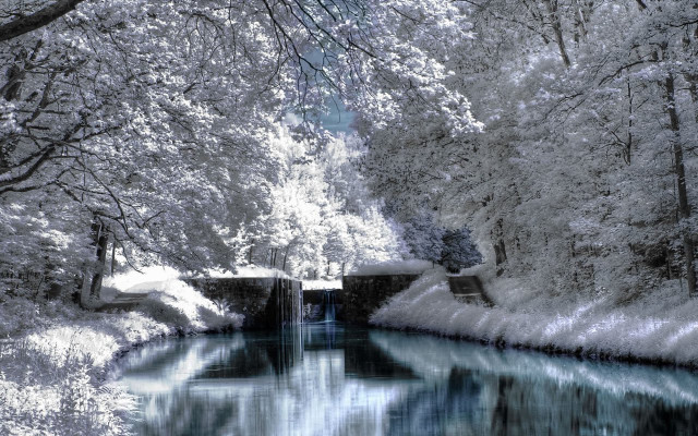 River forest snow bridge sky free wallpaper for desktop - medium preview image