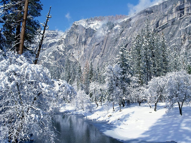 River snow trees mountain blue free wallpaper for desktop - medium preview image