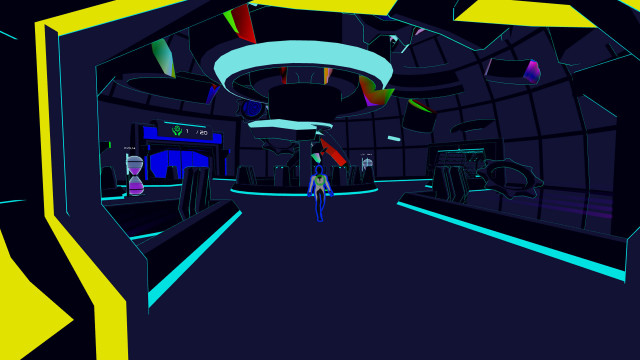 Person walking dark hallway neon free wallpaper for desktop - medium preview image