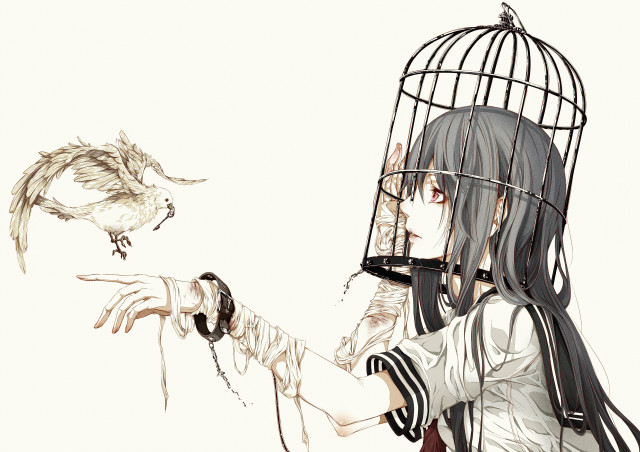 Girl holding bird cage flying free wallpaper for desktop - medium preview image