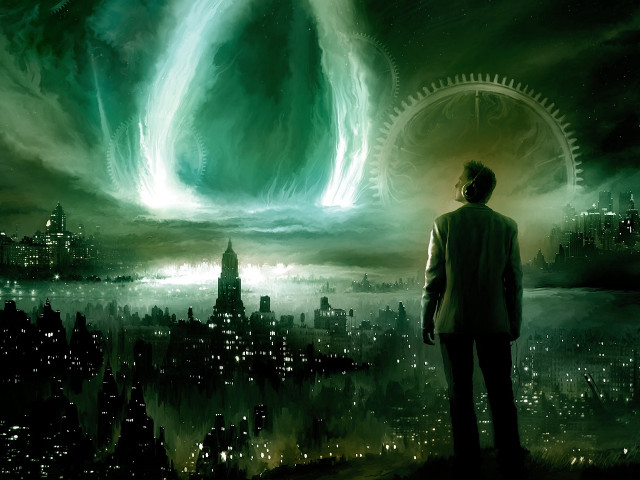 Man standing green ring sky free wallpaper for desktop - medium preview image