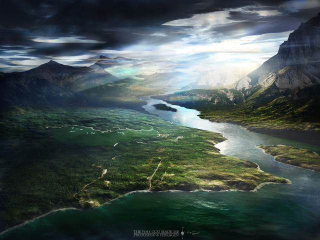 River flowing lush valley cloudy free wallpaper for desktop - medium preview image