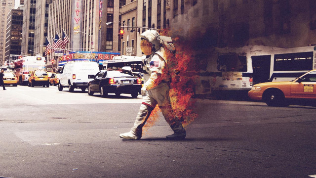 Man walking street fire extinguisher free wallpaper for desktop - medium preview image