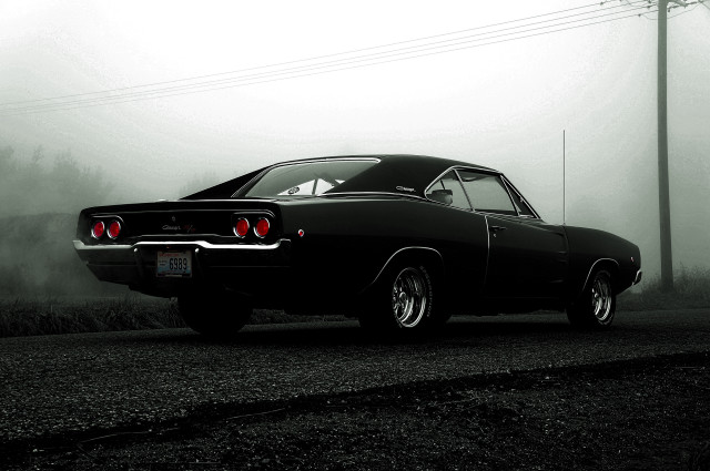 Black car foggy road night free wallpaper for desktop - medium preview image