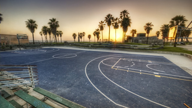 Basketball court sunset palm trees free wallpaper for desktop - medium preview image