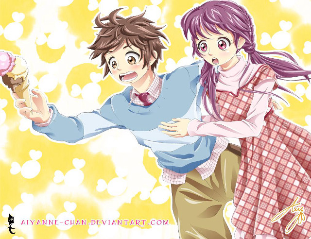 Couple holding cupcake yellow background free wallpaper for desktop - medium preview image