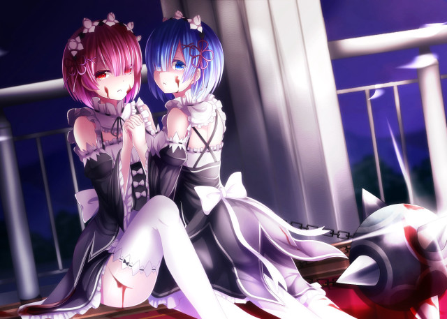 Anime girls bench window night free wallpaper for desktop - medium preview image