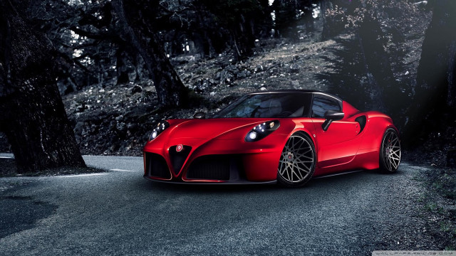 Red sports car parked woods free wallpaper for desktop - medium preview image