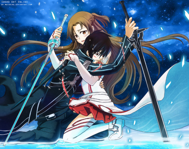 Anime couple swords water rain free wallpaper for desktop - medium preview image