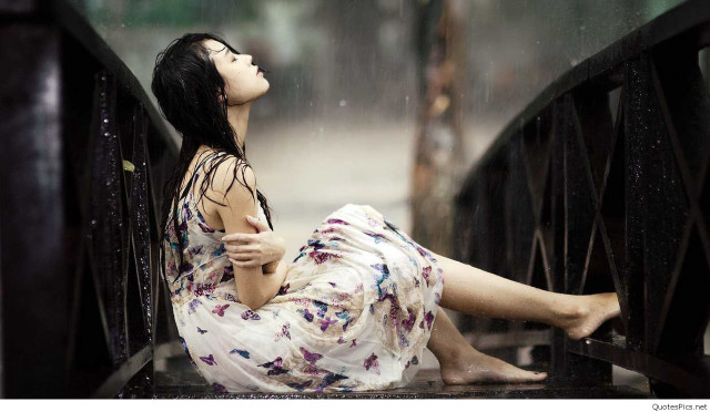 Woman bridge rain figurative photorealistic free wallpaper for desktop - medium preview image